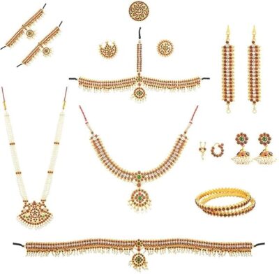 Elite Trade Women's Copper, Metal Jewel Set (Gold, Green, White)