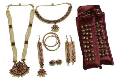 Elite Trade Bharatnatyam Jewellery Set with 3 line Box haram and 3 line Satin Ghungroo