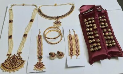 Elite Trade Bharatnatyam Jewellery Set with 3 line Box haram and 3 line Satin Ghungroo - Image 7