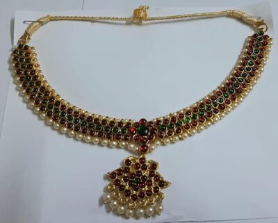 Elite Trade Bharatnatyam Jewellery Set with 3 line Box haram and 3 line Satin Ghungroo - Image 2