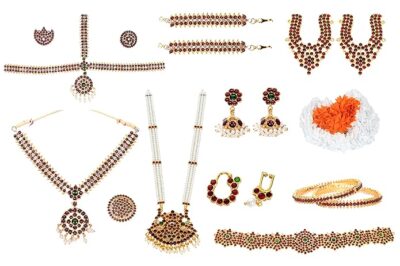 Elite Trade White Kempu Stone Bharatnatyam Jewellery Set With Gajra For Women