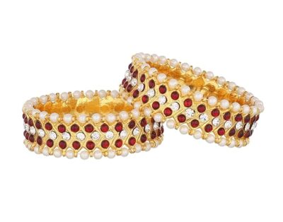 Elite Trade bharatanatyam kempu red and white stone bangles set