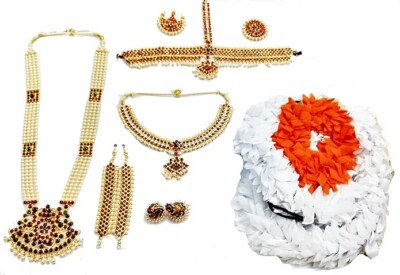 Girls Elite Trade Kempu Stone Beautiful Bharatnatyam Jewelry Set With 4 Line Haar And Cotton Gajra -  ETBH650