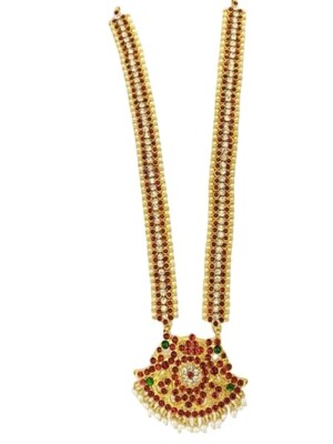 Elite Trading Handcrafted Long Haar for Bharatanatyam – Red White Stone Necklace/Bharatanatyam Kemp Long Necklace for Girls and Women