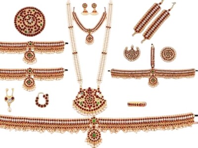 Elite Trading bharatnatyam Dance Jewelry set for Women and girl (White and Red Kempu Stone with Moti Haram)